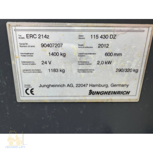 Штабелер електричний JUNGHEINRICH ERC 214z, с.н. 90407207, мачта 4300 DZ мм., в.п. 1400 кг, 2012 р