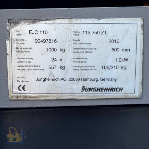 Штабелер електричний JUNGHEINRICH EJC 110, с.н. 90497816, мачта 2500 ZT мм, в.п. 1000 кг, 2016 р.в.