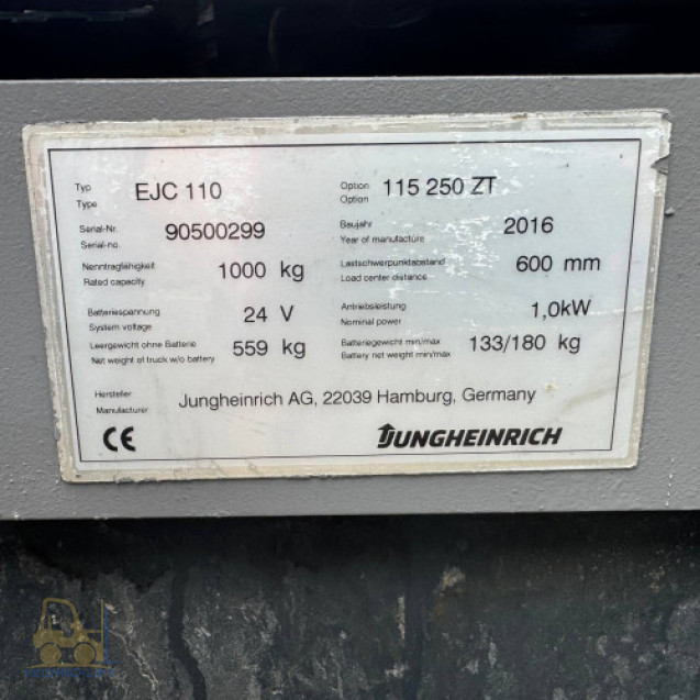 Штабелер електричний JUNGHEINRICH EJC 110, с.н. 90500299, мачта 2500 ZT мм, в.п. 1000 кг, 2016 р.в.