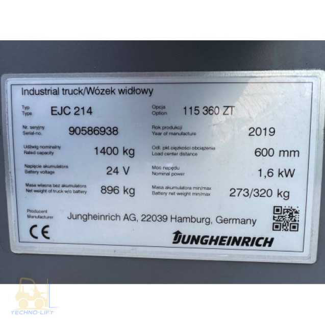 Штабелер електричний JUNGHEINRICH EJC 214, с.н. 90586938, мачта 3600 ZT мм, в.п. 1400 кг., 2019 р Li-ion