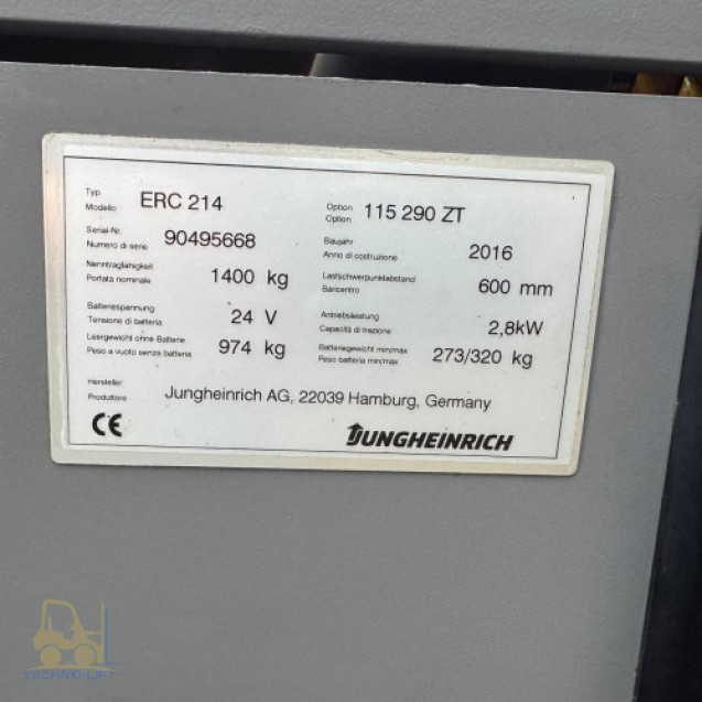 Штабелер електричний JUNGHEINRICH ERC 214, с.н. 90495668, мачта 2900 ZT мм, в.п. 1400 кг., 2016 р.