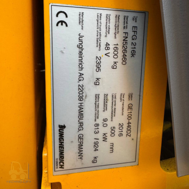 Навантажувач електричний JUNGHEINRICH EFG 216k с.н. FN526460, мачта 4400 DZ мм, в.п.1600 кг, 2016 р.в.