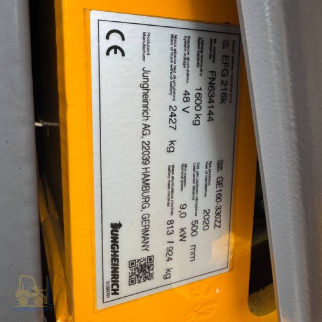 Навантажувач електричний JUNGHEINRICH EFG 216k, с.н. FN634144, мачта 3300 ZZ мм, в.п.1600 кг, 2020 р.в.